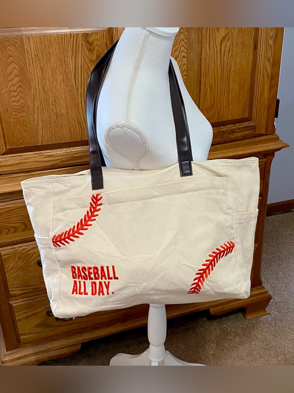 Baseball All Day Canvas Tote Bag Large Size Embroidered Laces Sports Mom Outdoor